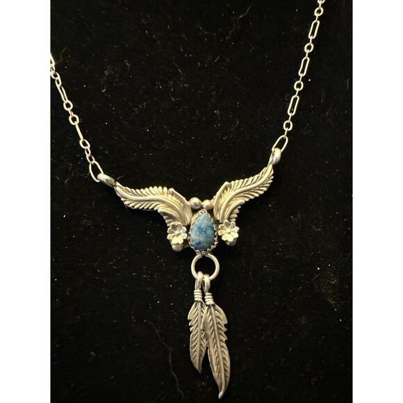Sadie Randolph Navajo Sterling Silver Turquoise Feather Necklace Signed
